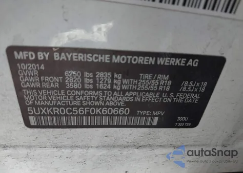 2015 BMW X5 xDrive35I from USA, damaged, VIN 5UXKR0C56F0K60660